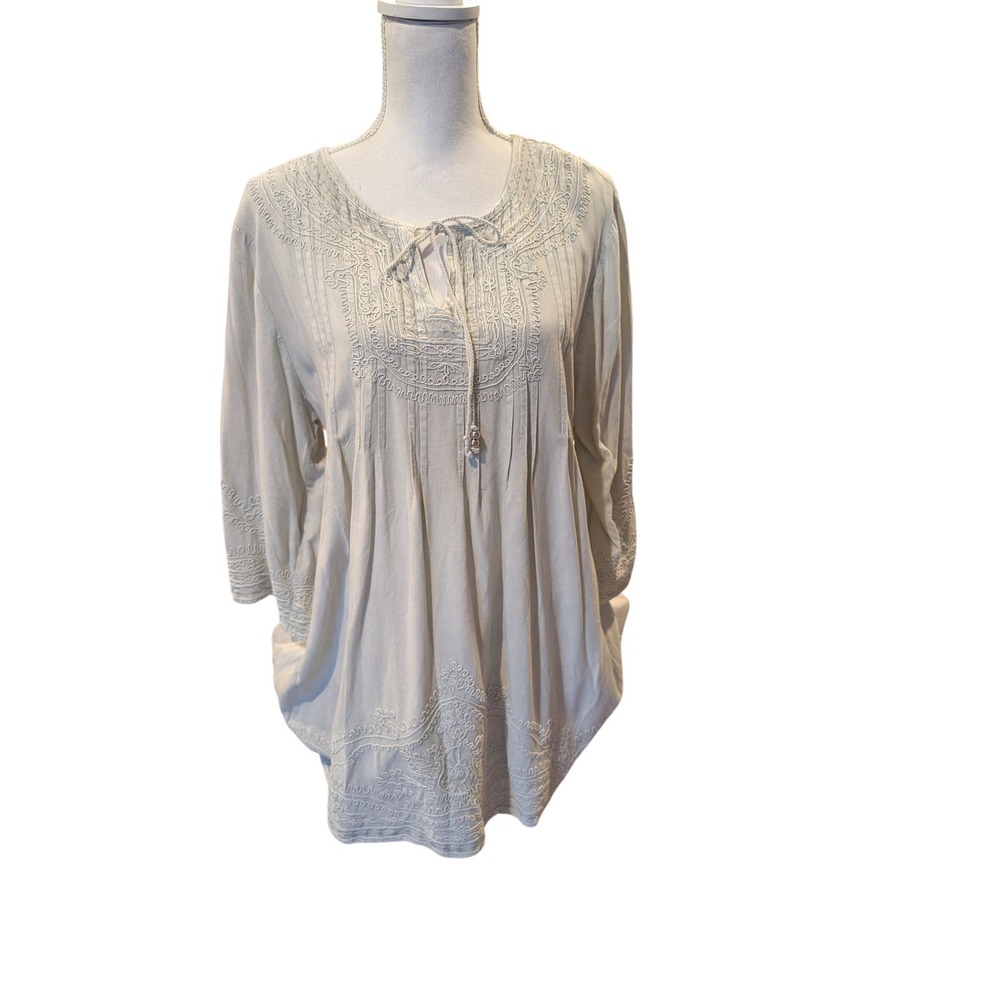 Solitaire Boho Embroidered Peasant Blouse Gray Pintuck Pleated 3/4 Sleeve Sz 1X